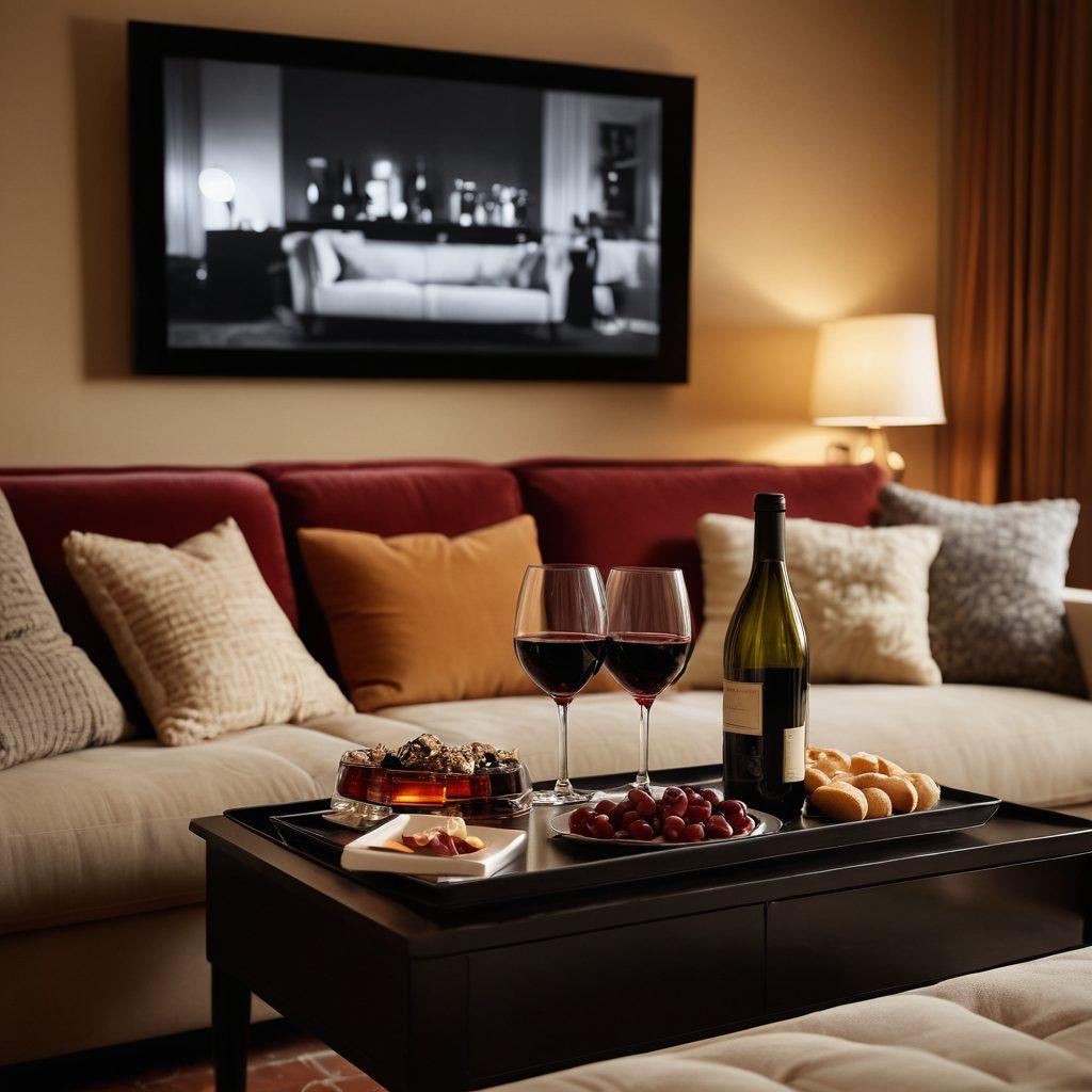 A cozy, dimly-lit living room with a plush sofa, a sleek coffee table holding an open bottle of red wine and two elegant glasses. In the background, a vintage projector casts a classic black-and-white adult film onto a large screen, with soft shadows and romantic ambiance. Include a subtle hint of gourmet snacks around the wine to evoke an immersive movie night experience. warm colors, soft focus, cinematic lighting.