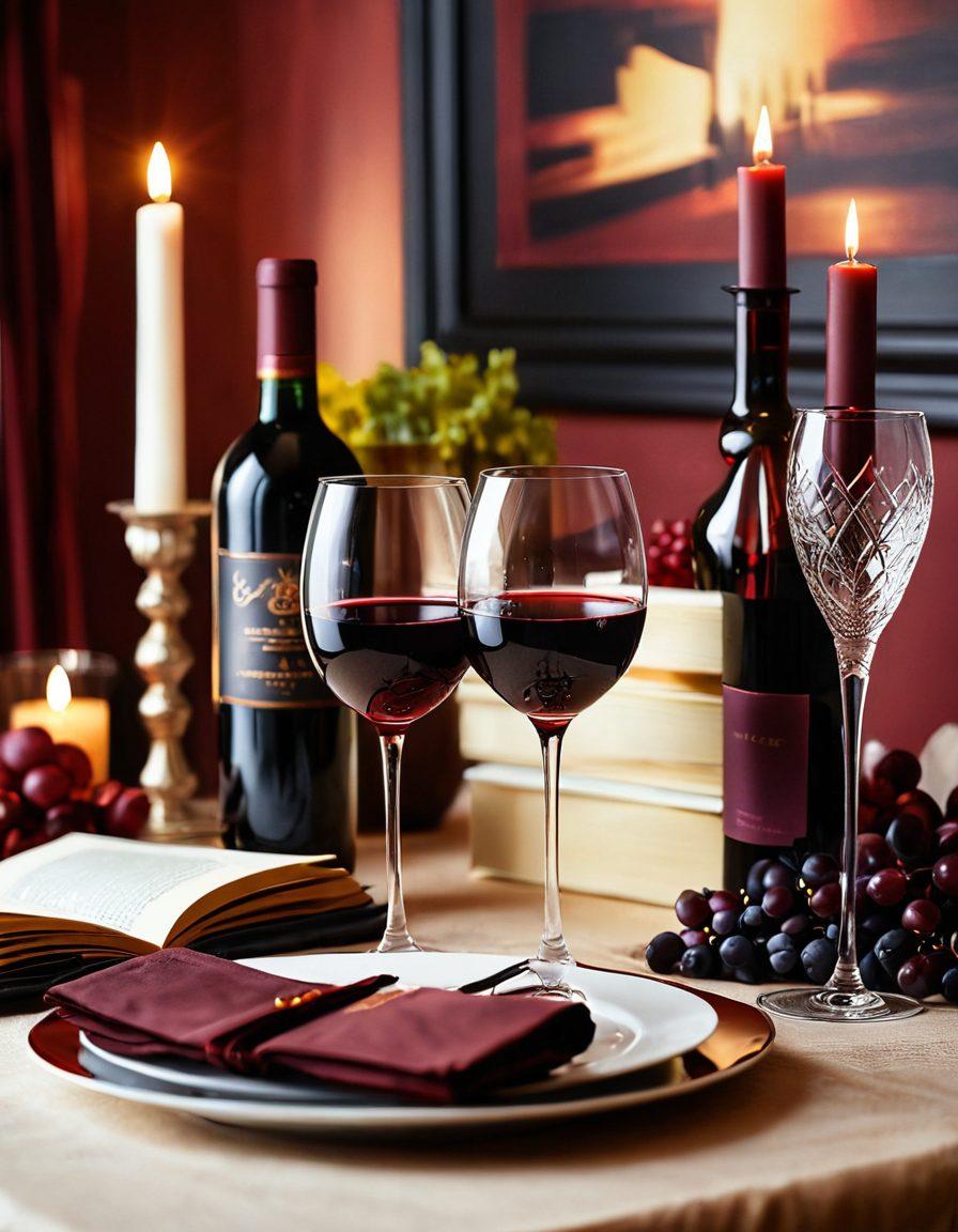 A luxurious setting featuring a beautifully arranged table with elegant wine glasses filled with deep red wine, surrounded by tasteful adult-themed items like sensual literature and tasteful decorations. Soft, warm lighting creates an inviting, intimate atmosphere, with a hint of abstract art in the background to symbolize passion and desire. The image should evoke a sense of indulgence and sophistication. super-realistic. vibrant colors. soft focus.